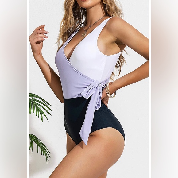 Purple Black White Color Block One Piece Swimsuit Bow Knot Size M - Picture 2 of 5